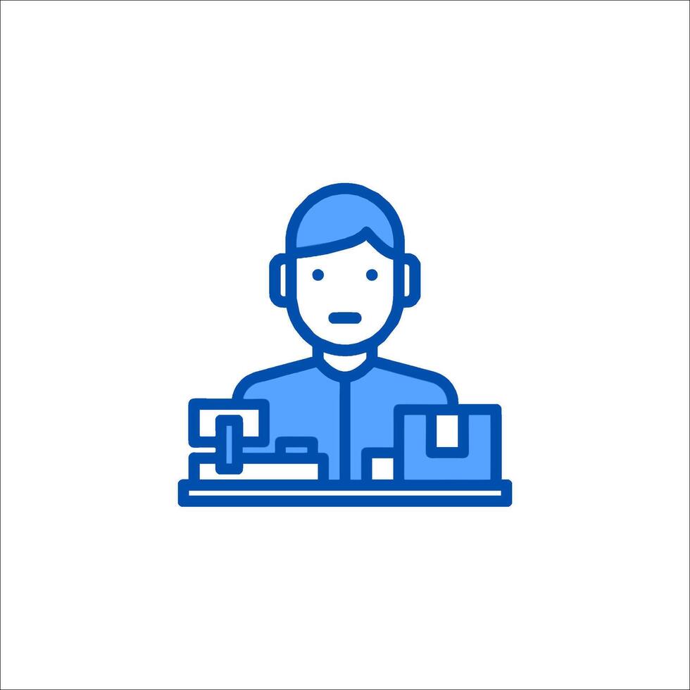 A man in a blue shirt is sitting at a desk with a computer vector