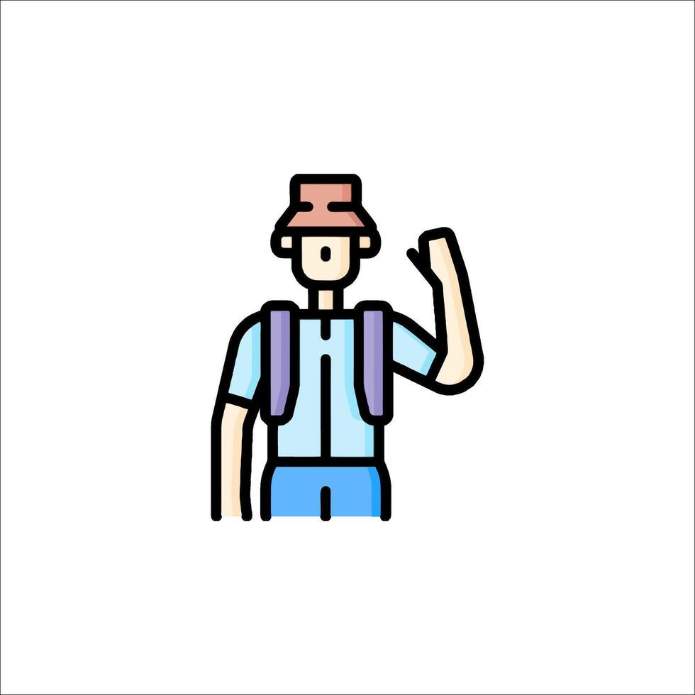 A man with a backpack and hat is holding up his hand vector