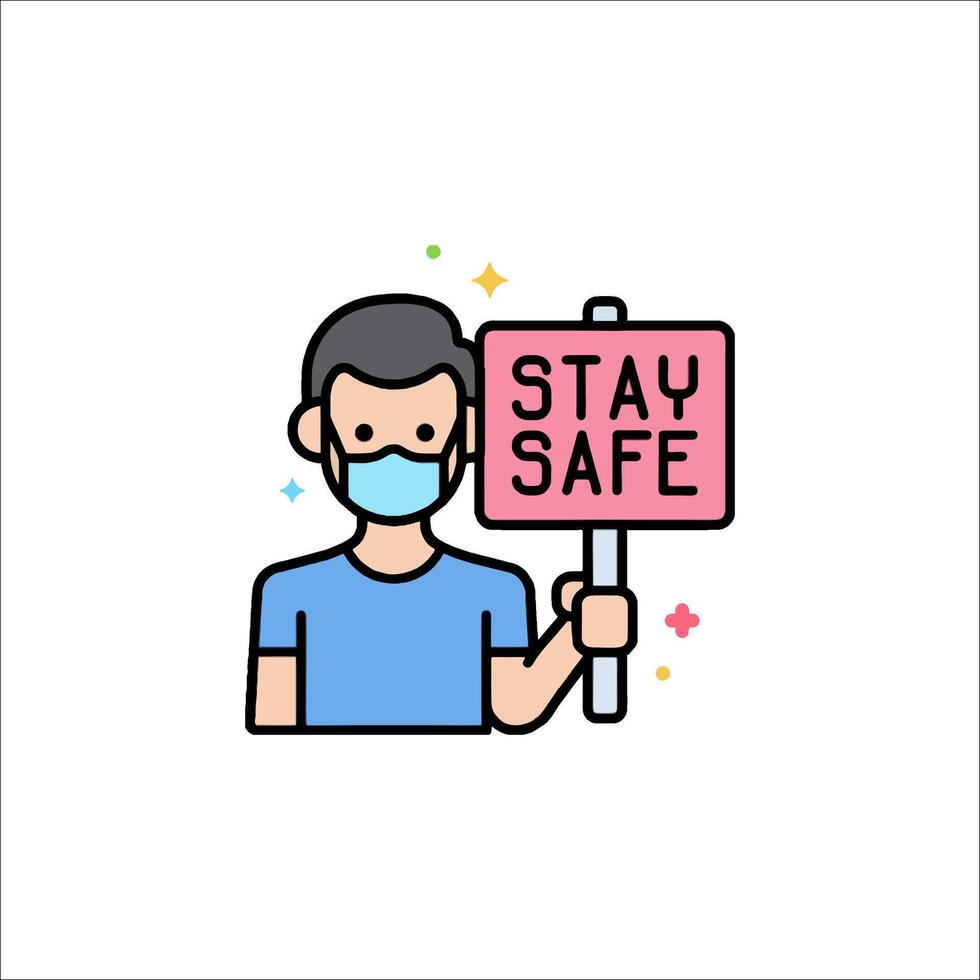 A man wearing a mask holding a sign that says stay safe vector