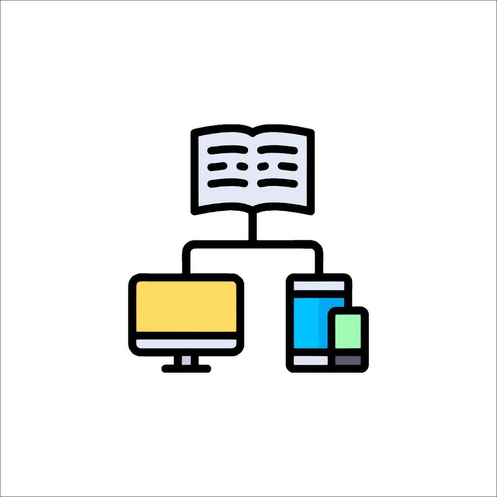 A computer and a book on a table vector