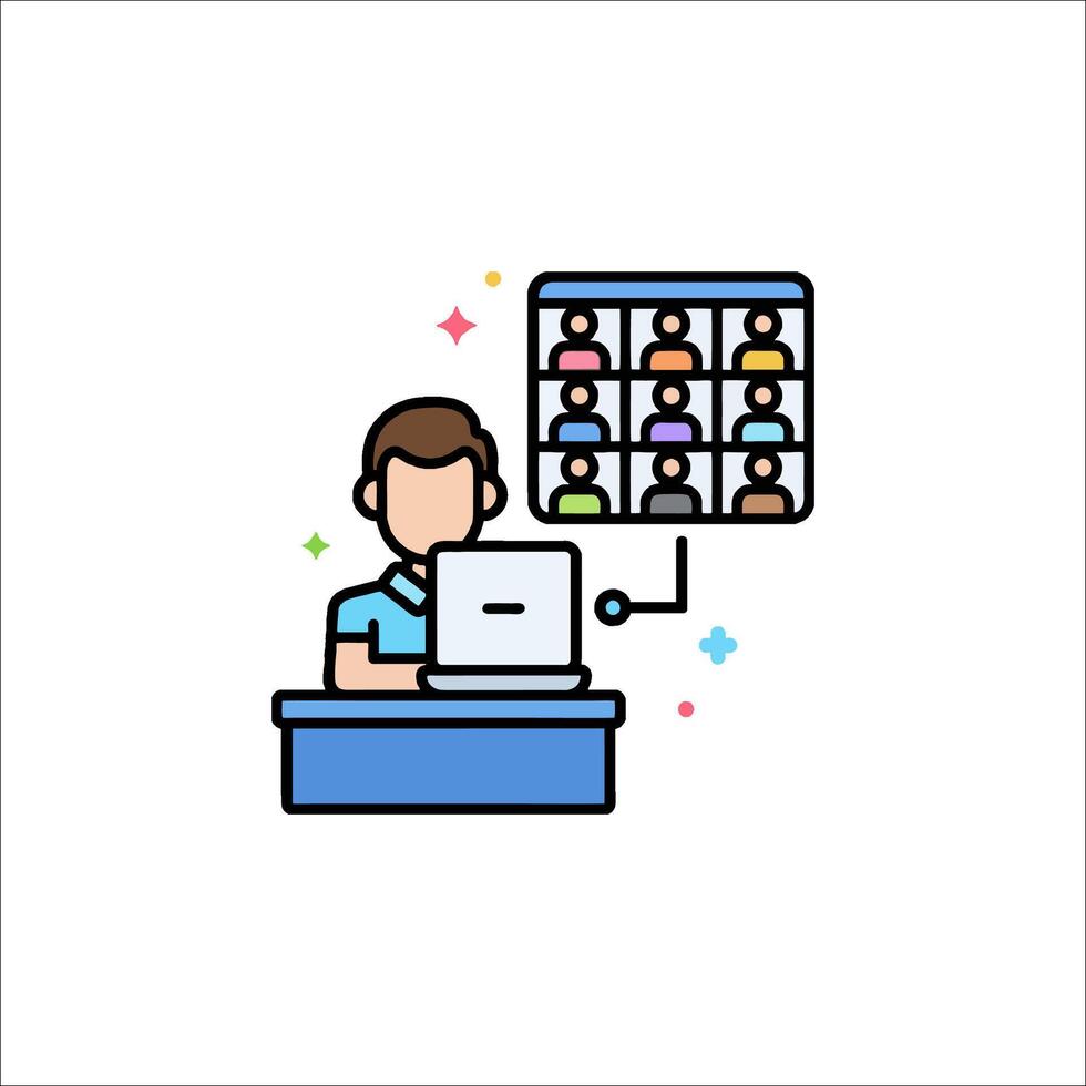 A man is working on a computer with a group of people on the screen vector