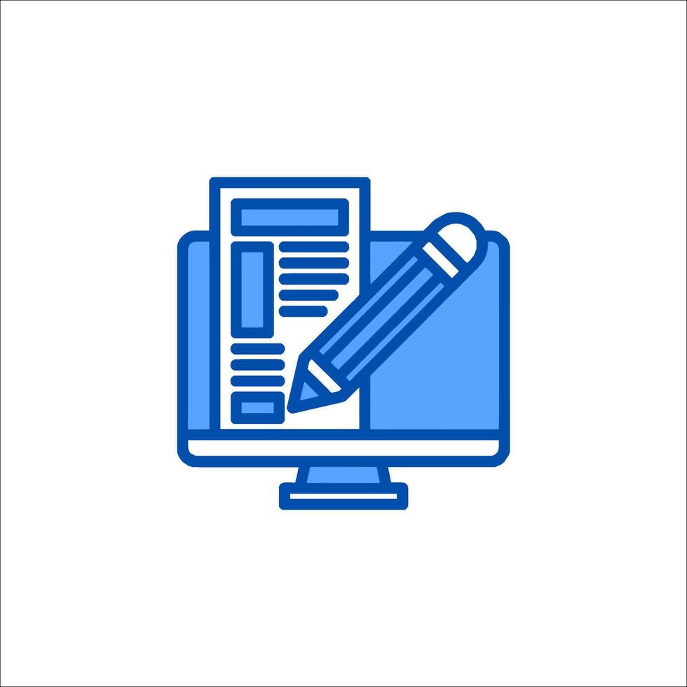 A blue icon of a pen and paper on a computer screen vector