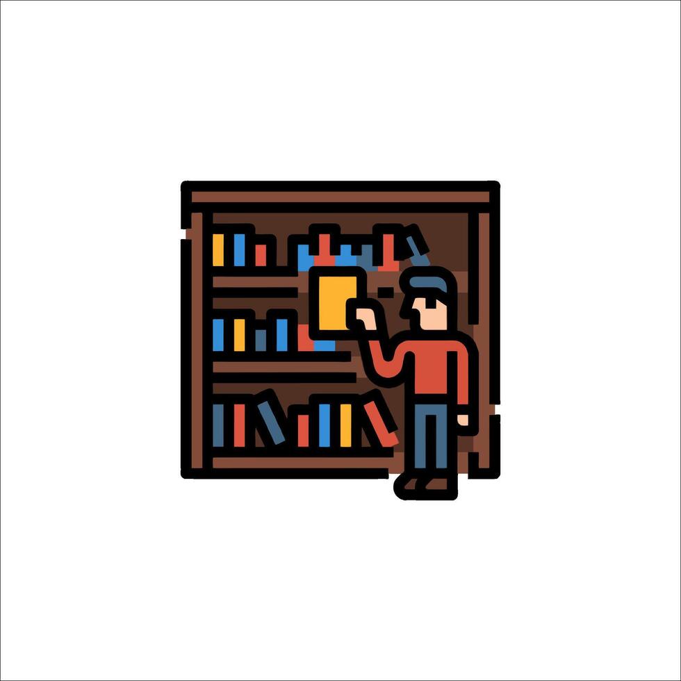 A man is standing in front of a bookcase with books vector