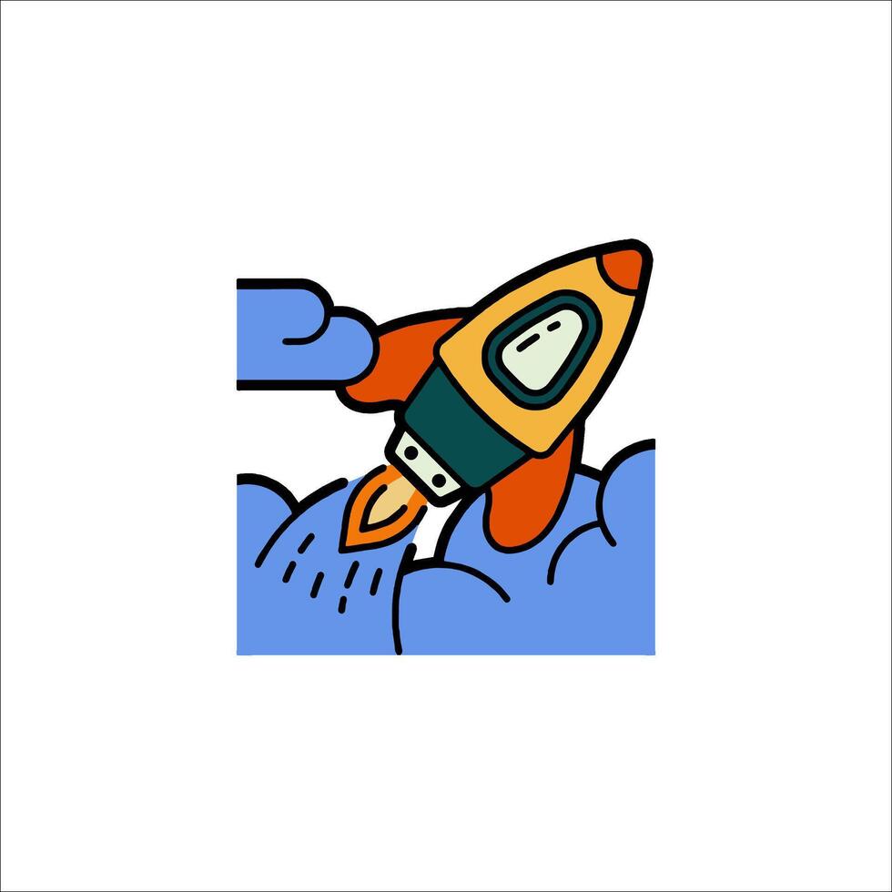 A rocket is flying through the sky with clouds vector