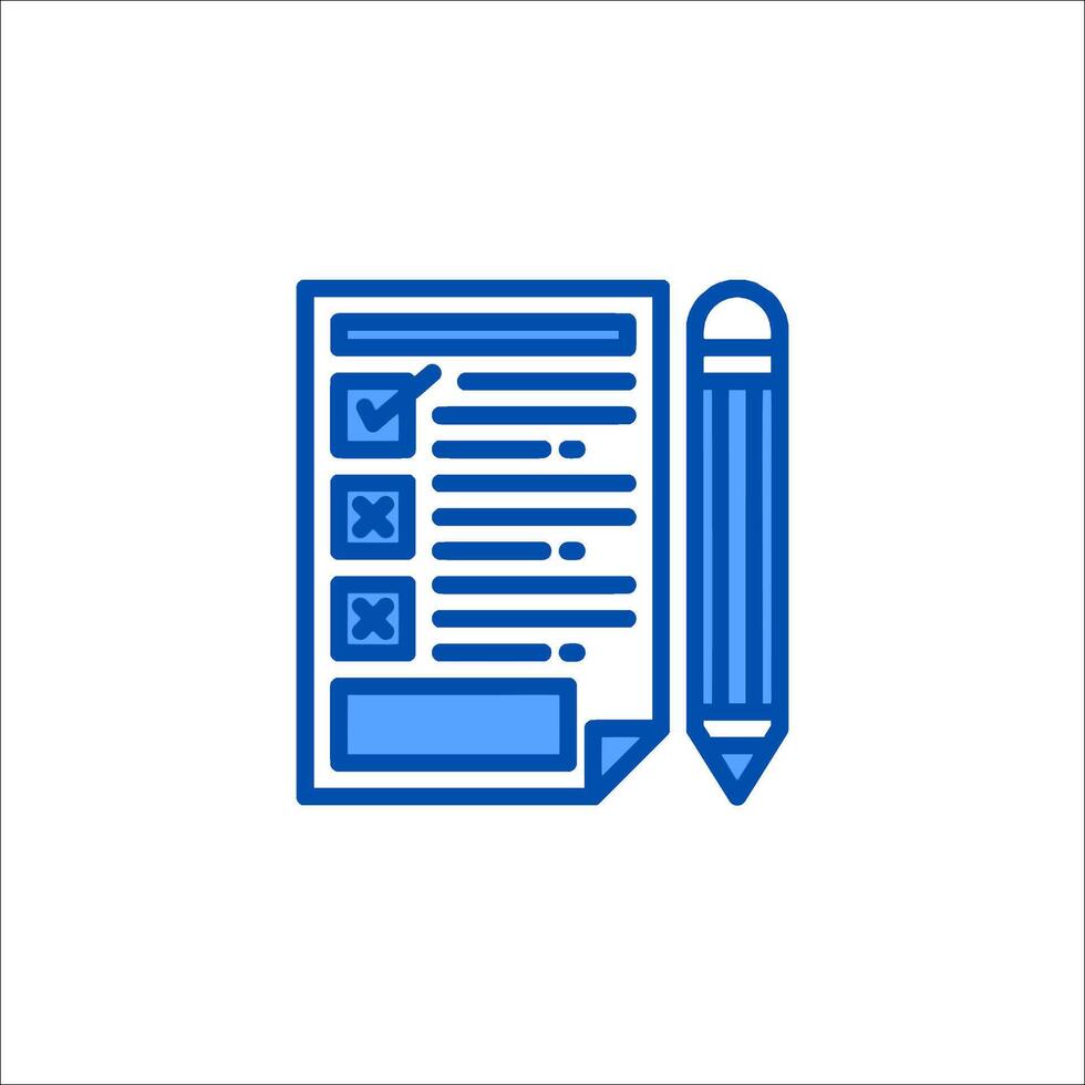 A blue line icon of a pencil and paper vector