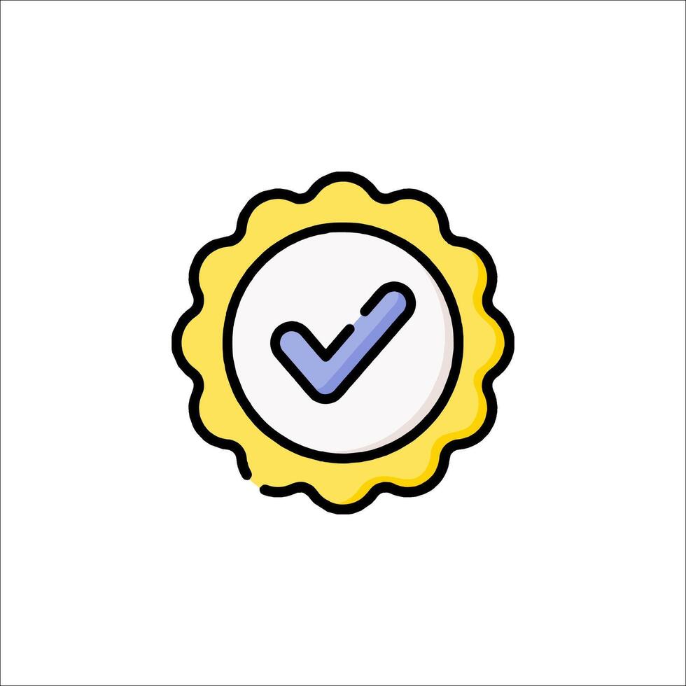 A yellow and blue badge with a tick mark vector
