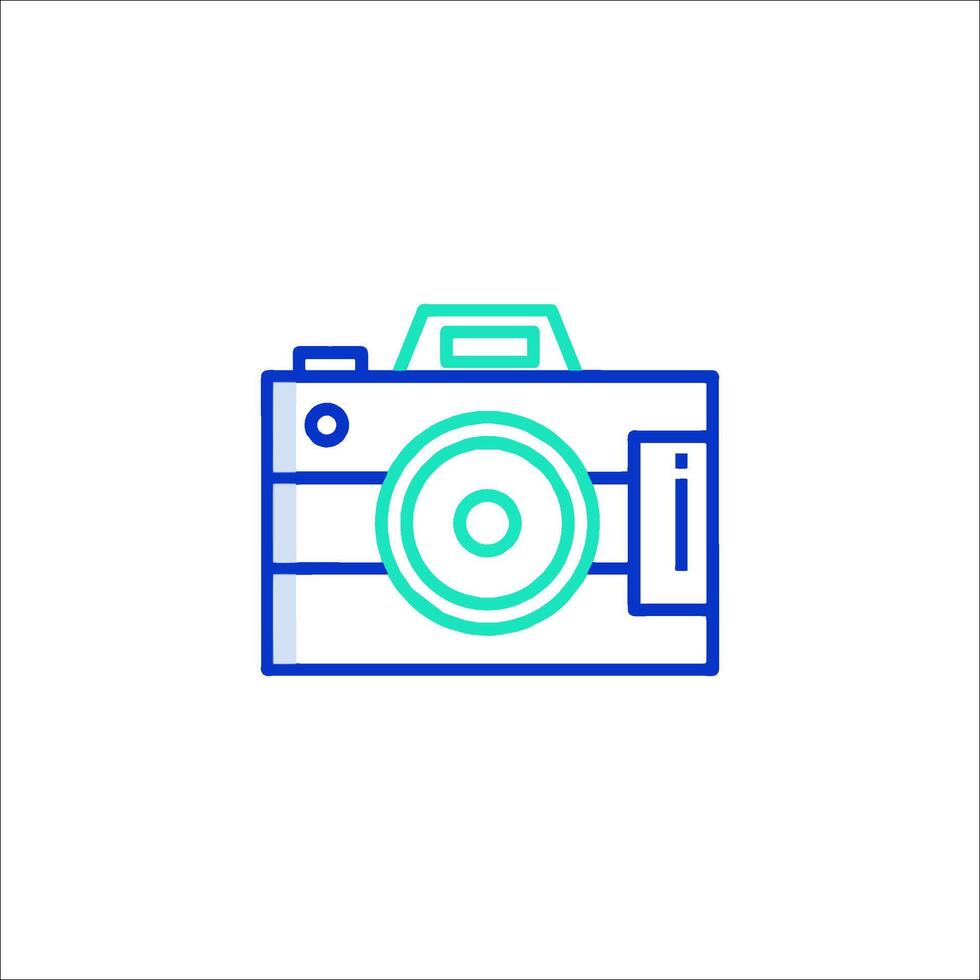 A camera icon with a blue and green outline vector