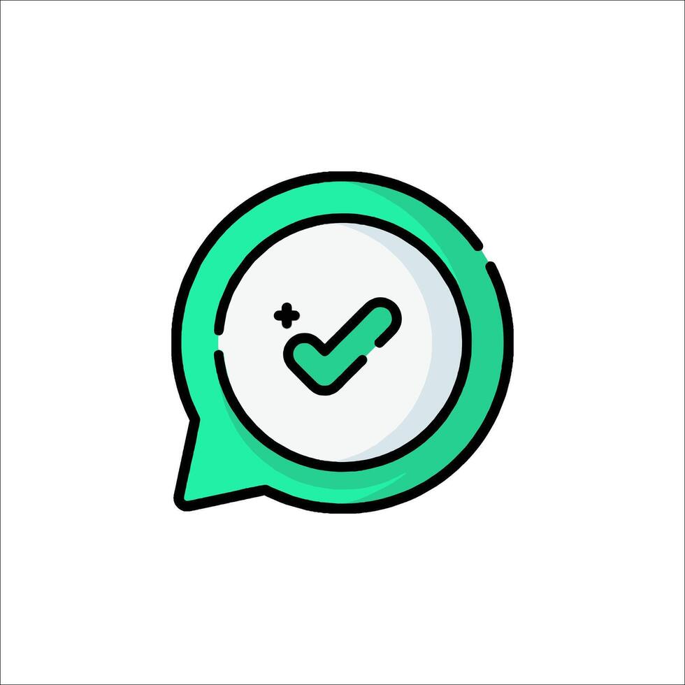 A green speech bubble with a tick mark vector