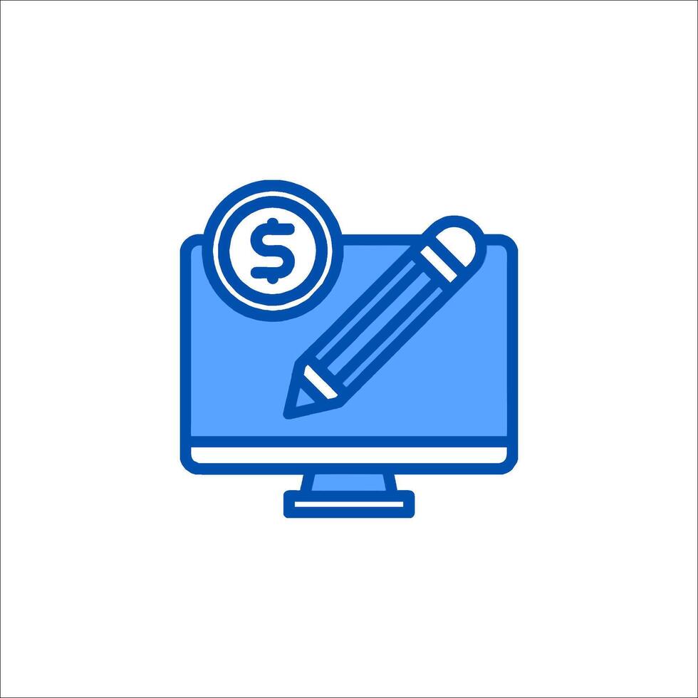A blue icon of a computer and a pen vector