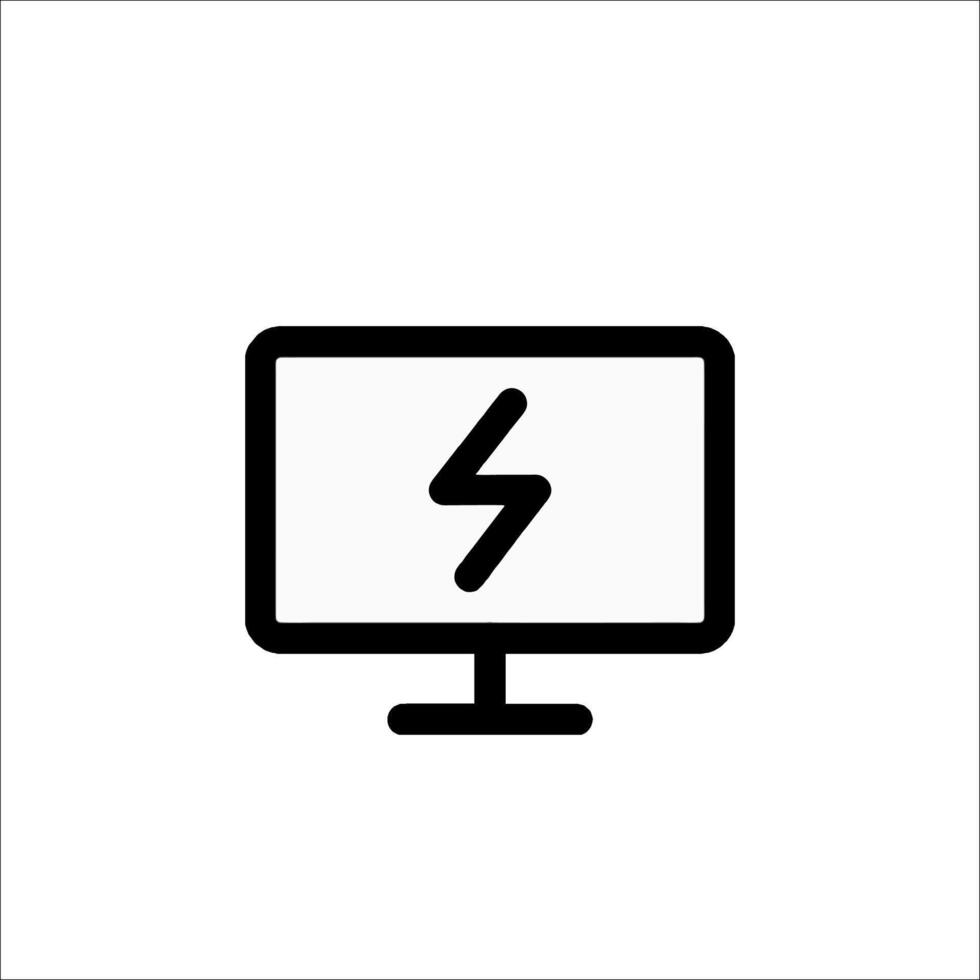 A black and white icon of a computer monitor with a lightning bolt vector