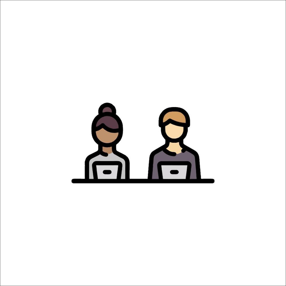 Two people sitting at a table with laptops vector