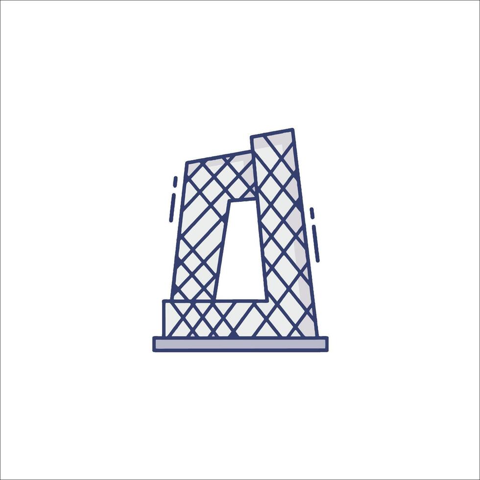 A line drawing of a building with a tower in the middle vector