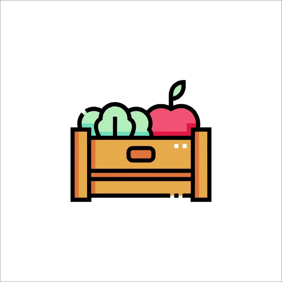 Fruit and vegetables in a wooden box icon vector
