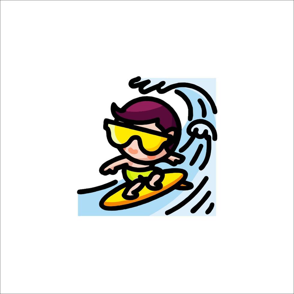 A cartoon boy riding a surfboard on a wave vector