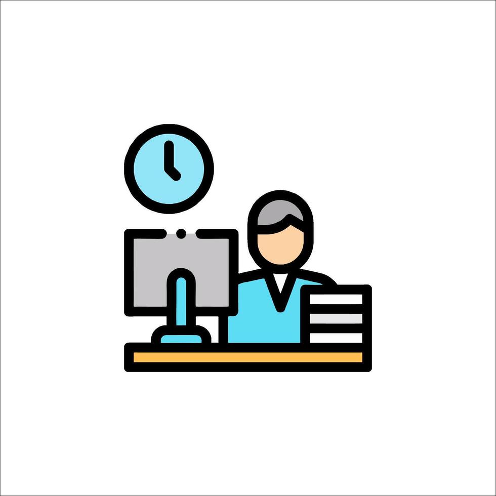 A person sitting at a desk with a clock and a computer vector