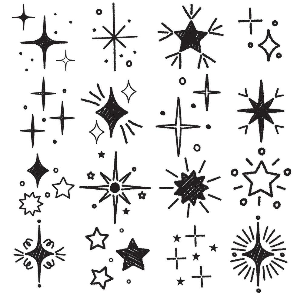 Hand drawn star sparkle shine of doodle set. Charcoal pen drawn star shine glow, spark glitter, sparkle light. chalk graphic elements vector
