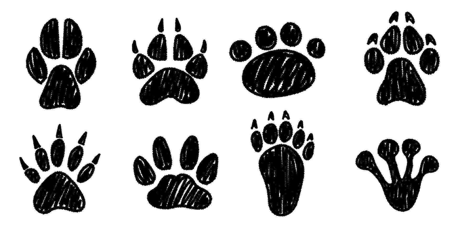 Set of hand drawn footprints in brush stroke texture paint style. Traces of animals. Wild animal feet silhouette. chalk graphic elements vector