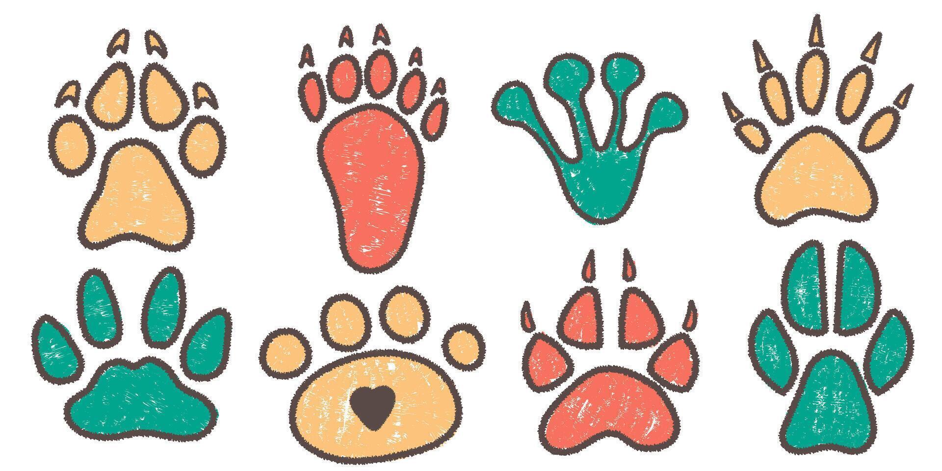 Set of hand drawn footprints in brush stroke texture paint style. Traces of animals. Wild animal feet silhouette. chalk graphic elements vector