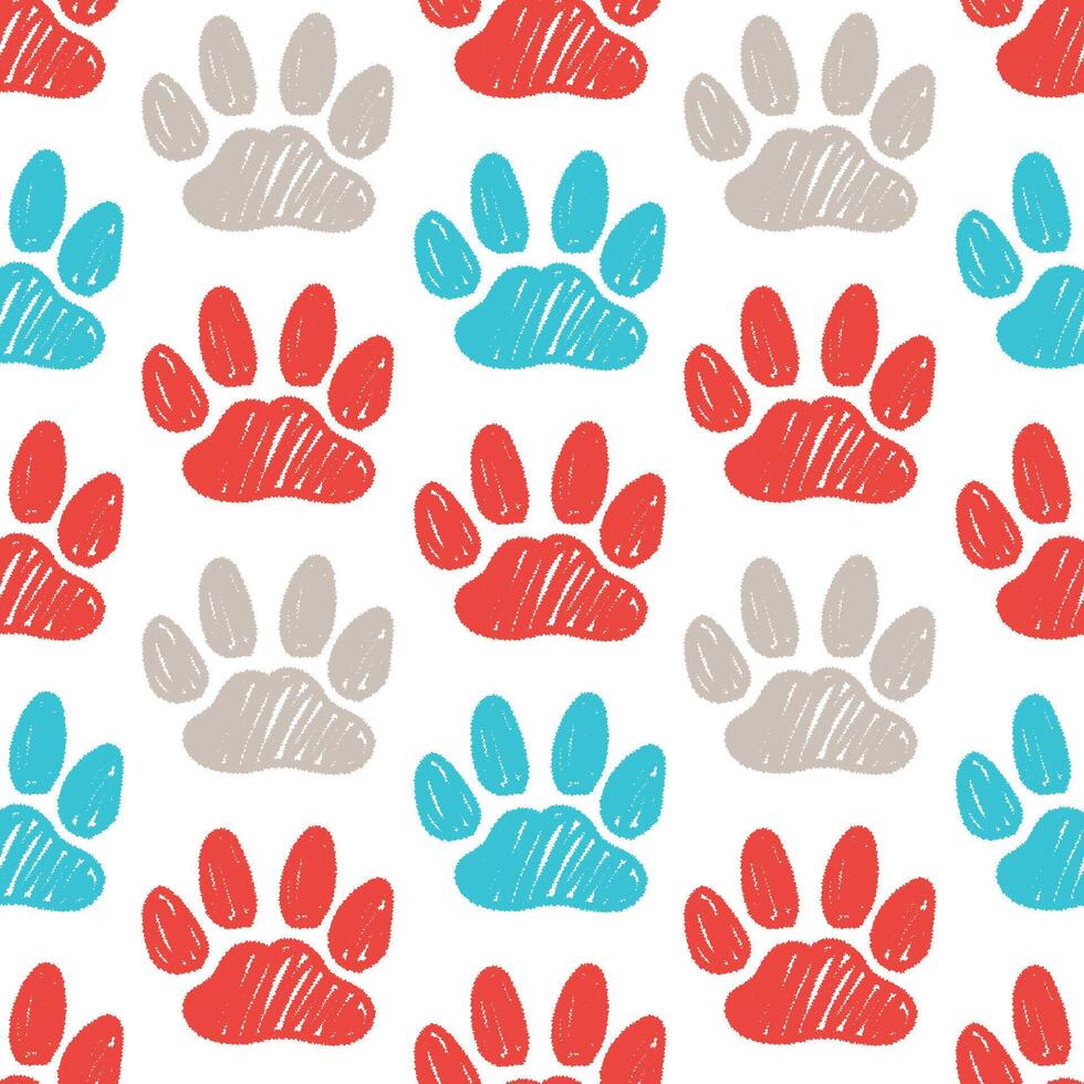 Seamless pattern with hand drawn pet paw prints. Domestic cat track footprints in brush stroke texture paint style vector