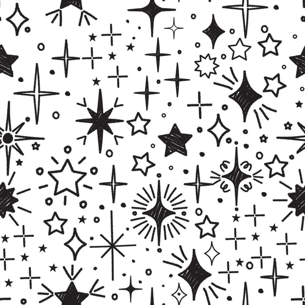 Seamless pattern with and drawn star sparkle shine. Charcoal pen drawn star shine glow, spark glitter, sparkle light. Modern print for textile, fabric, wallpaper, wrapping, scrapbook and packaging vector