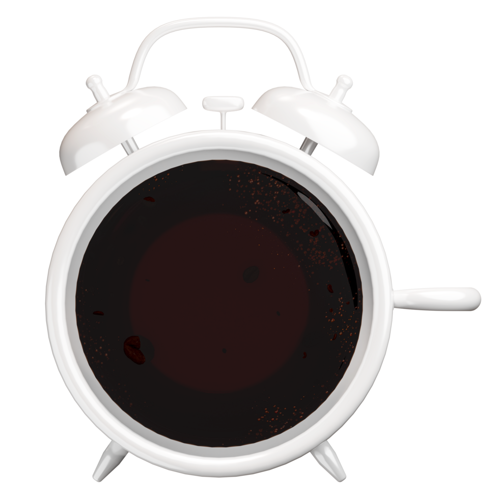 White coffee mug with coffee beans in a cup, 3d Alarm clocks coffee time concept, 3d illustration png