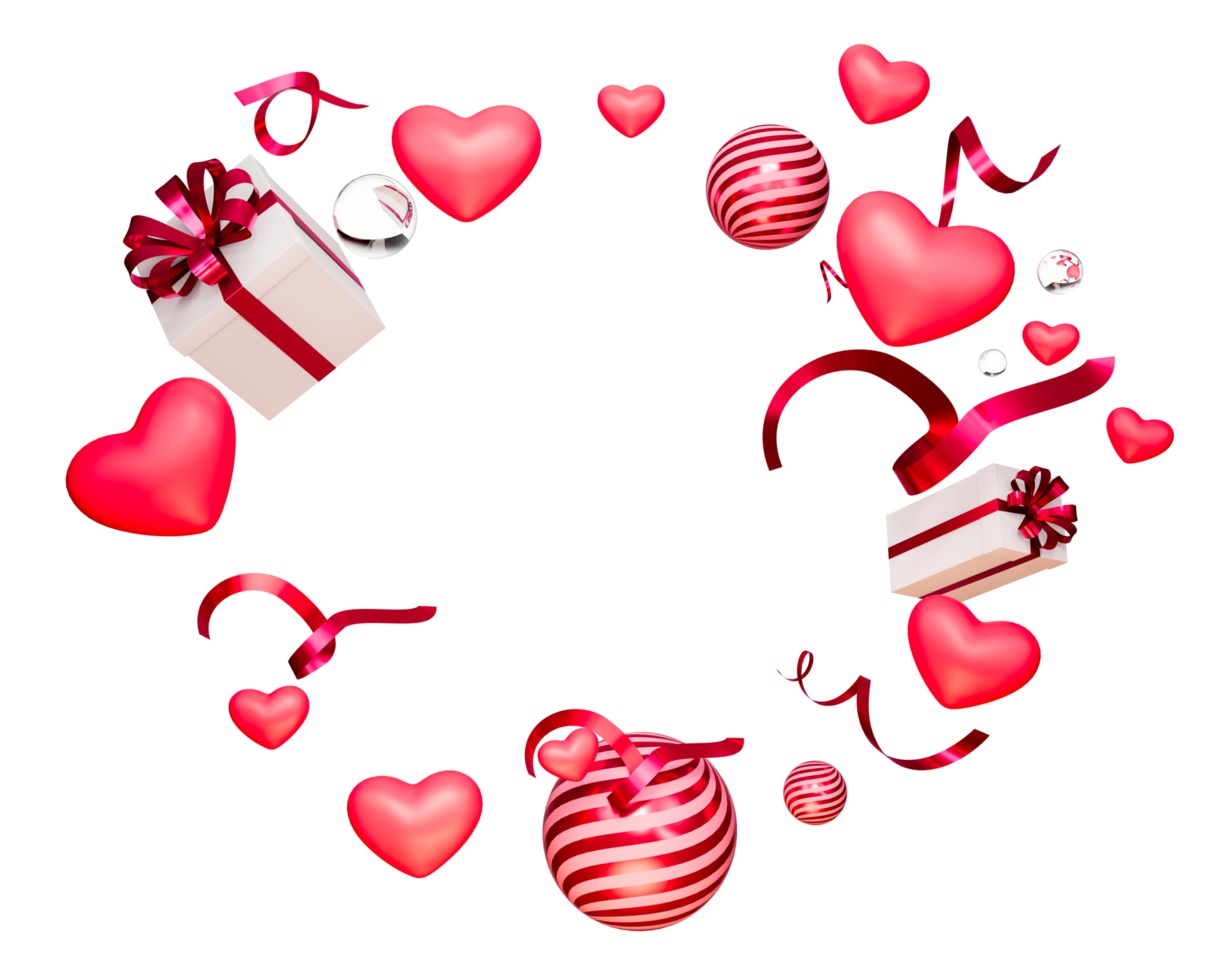 Pink hearts and gift box, Decorative elements, Isolated on transparent background, 3d illustration png