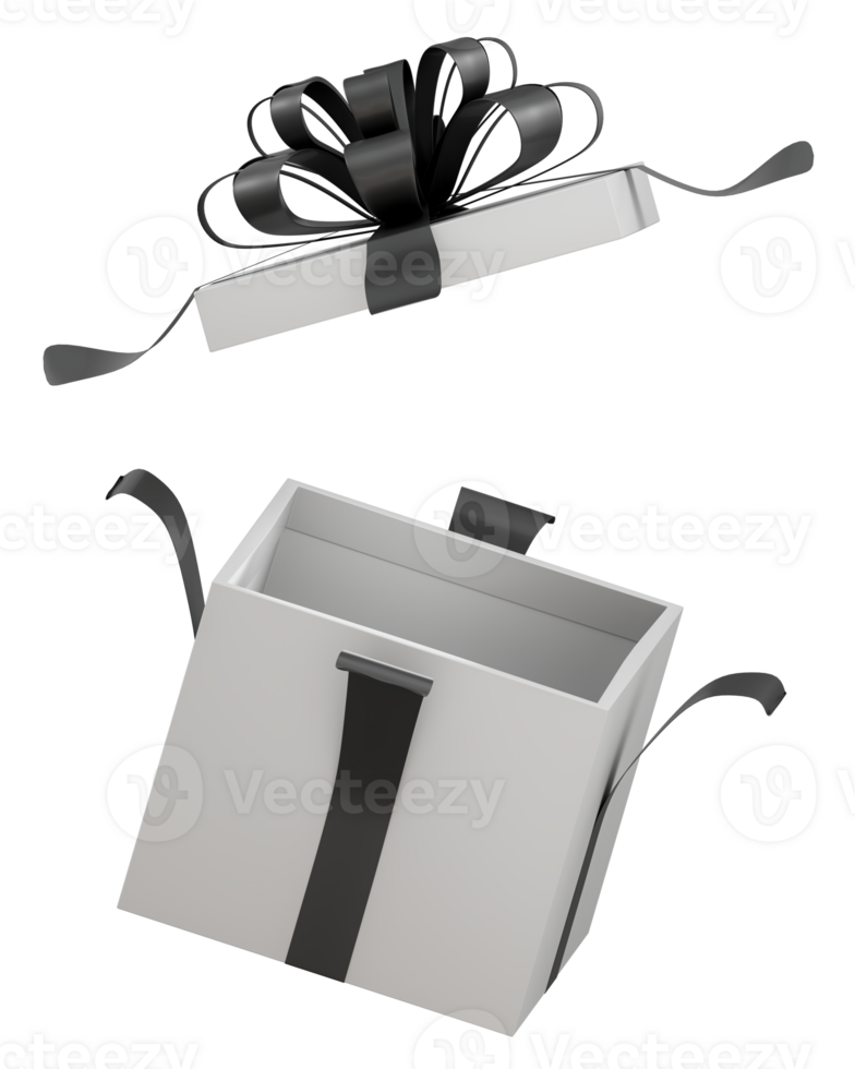 Black friday concept Open White box with Black ribbon bow on Transparent Background, 3d illustration png