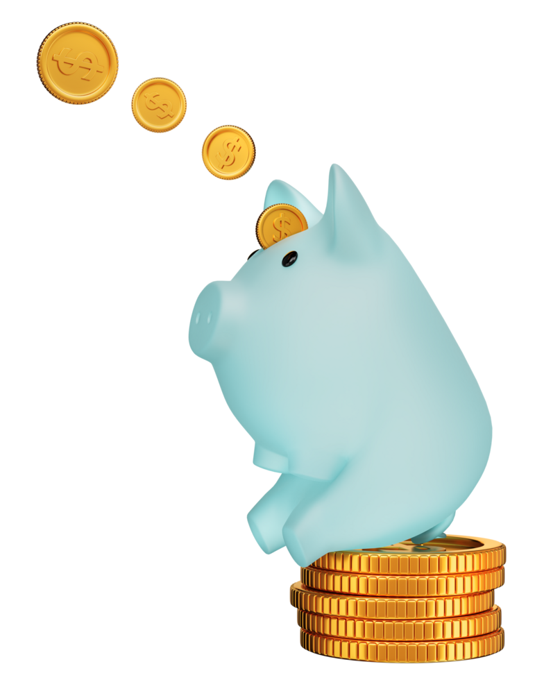 Blue piggy bank and Golden dollar coins flying, Money saving, Investment concept, 3d illustration png