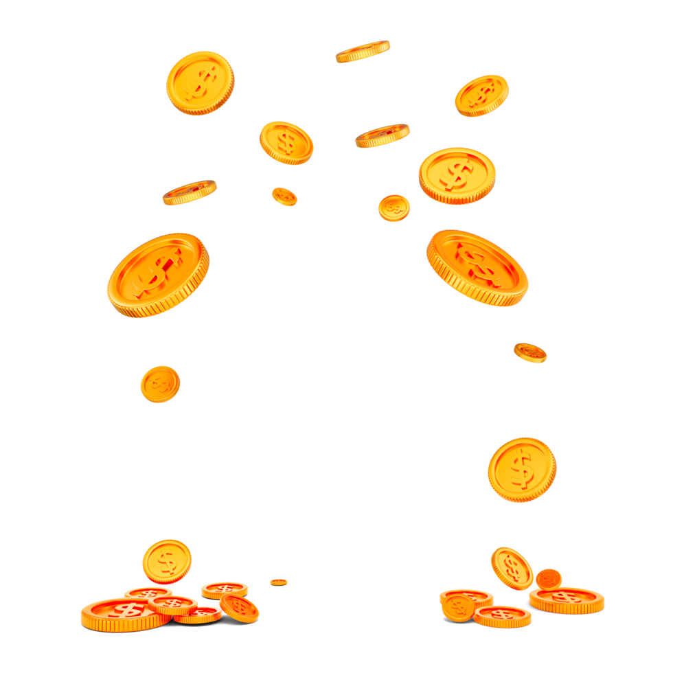 Abstract Golden 3D Realistic dollar flying coins isolated on transparent background, 3d illustration png