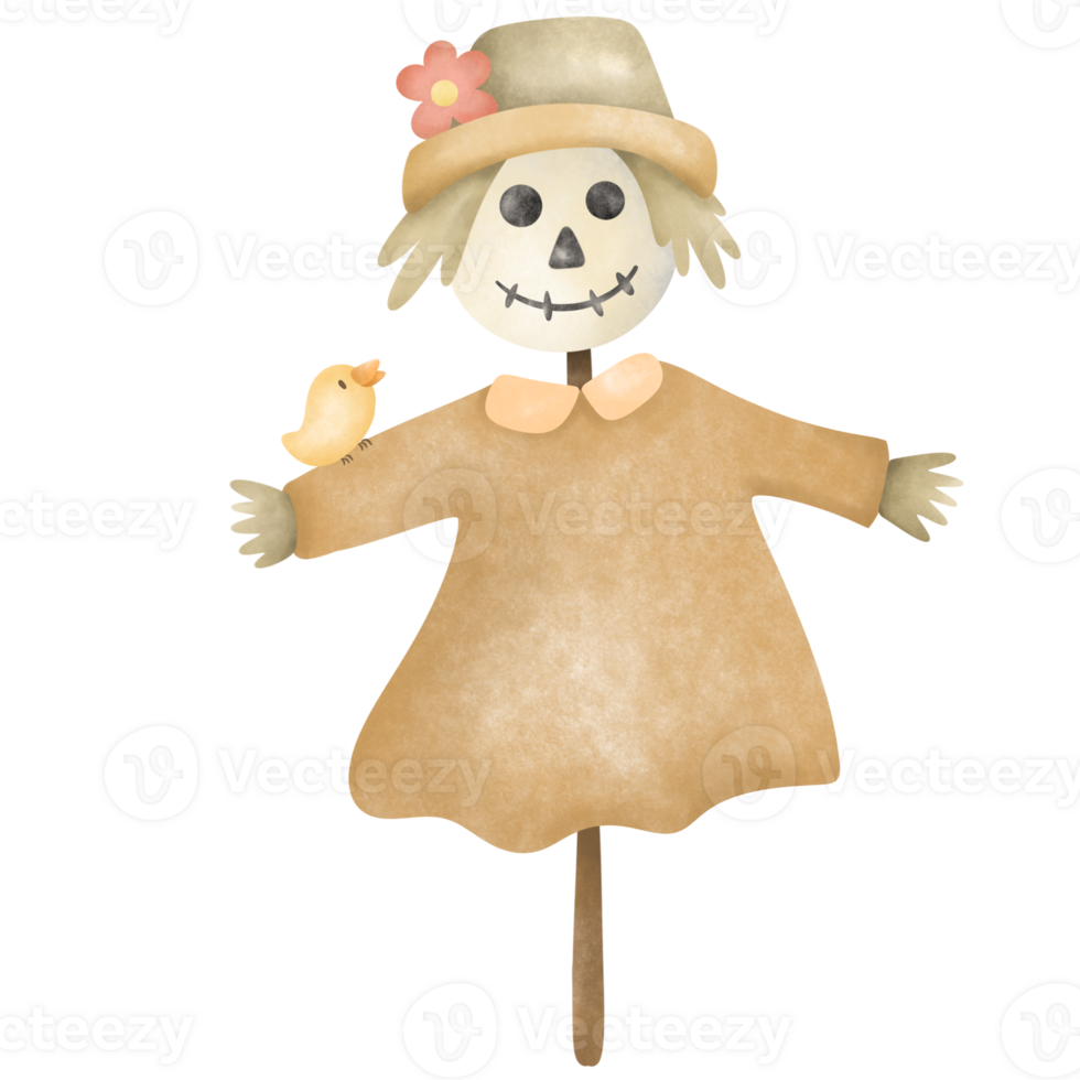 Watercolor scarecrow , autumn leaves png