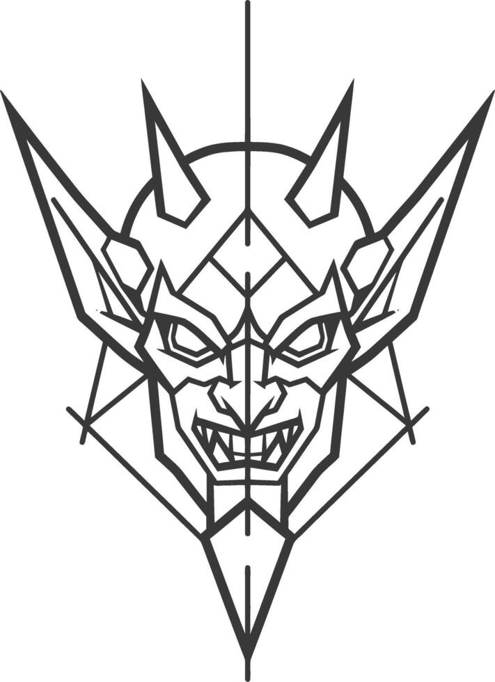 A black and white drawing of a demon head vector