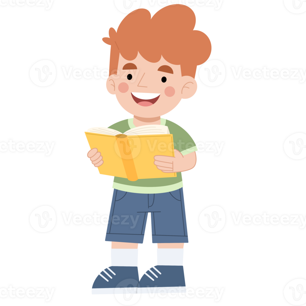Illustration of a little boy standing and reading a book png