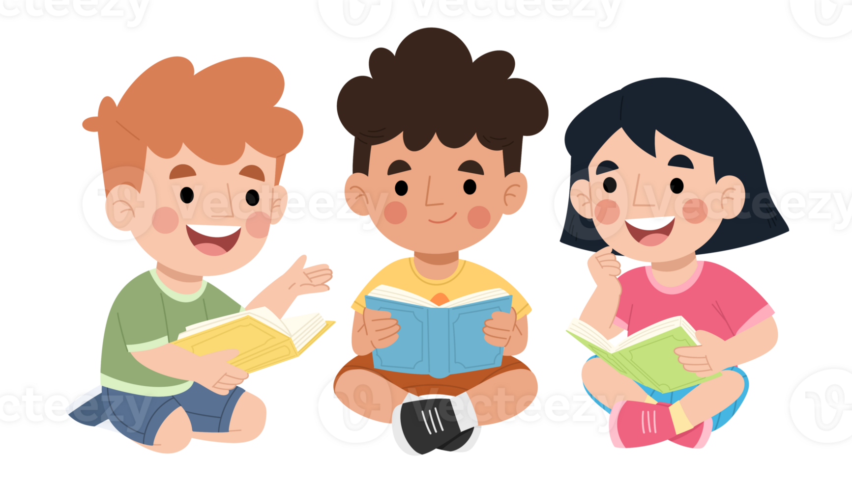 Illustration of children reading a story book together png