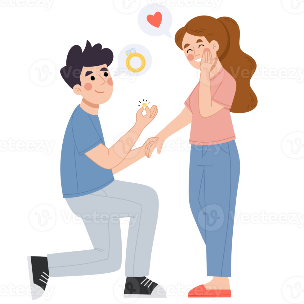 Illustration of a young couple proposing with rings png