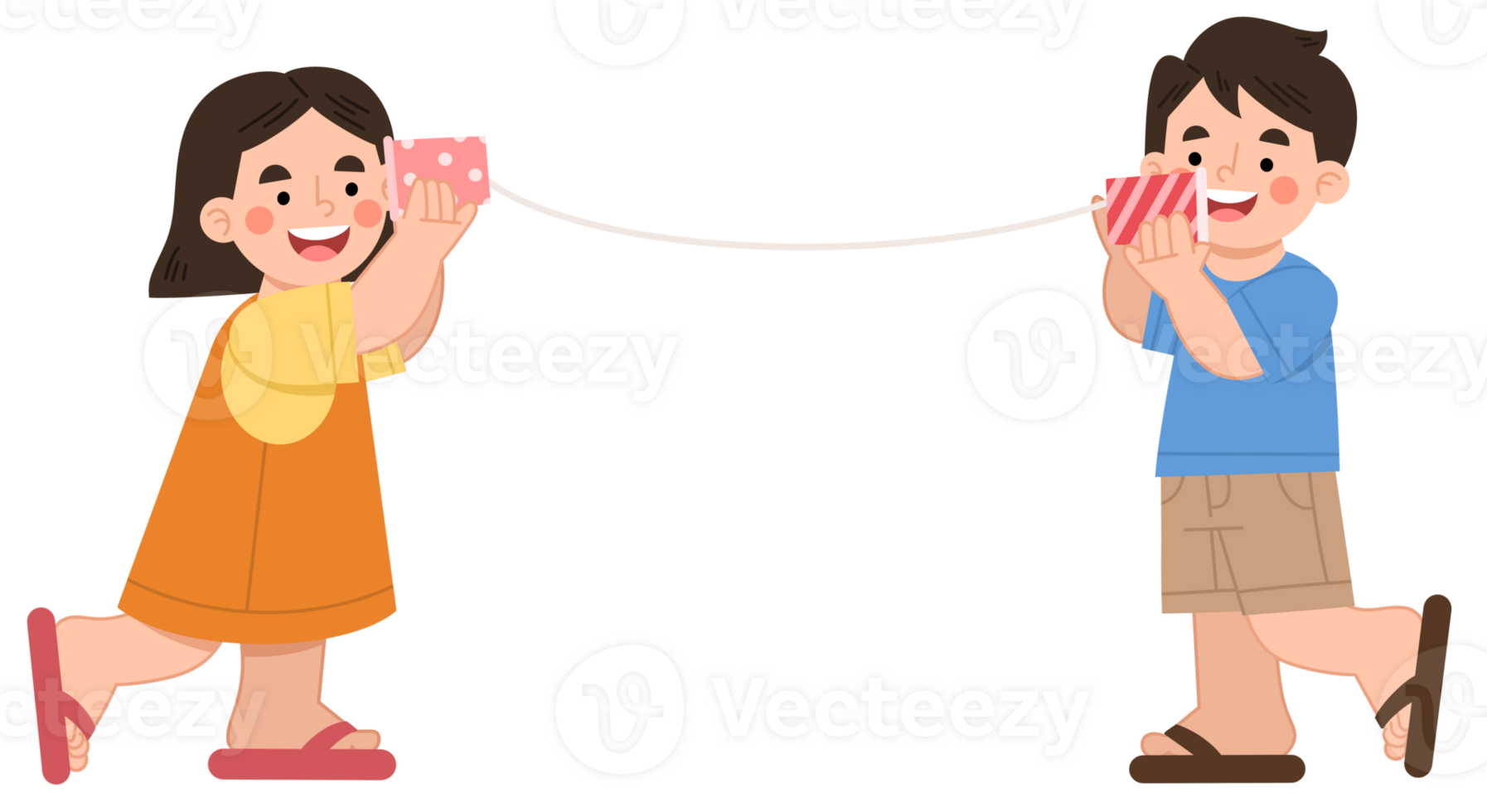 Illustration of a boy and girl playing on the telephone from paper cups png