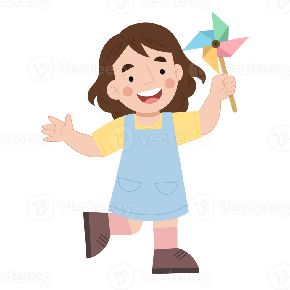 Illustration of a girl playing with a paper pinwheel, Illustration of happy little girl playing paper windmill png