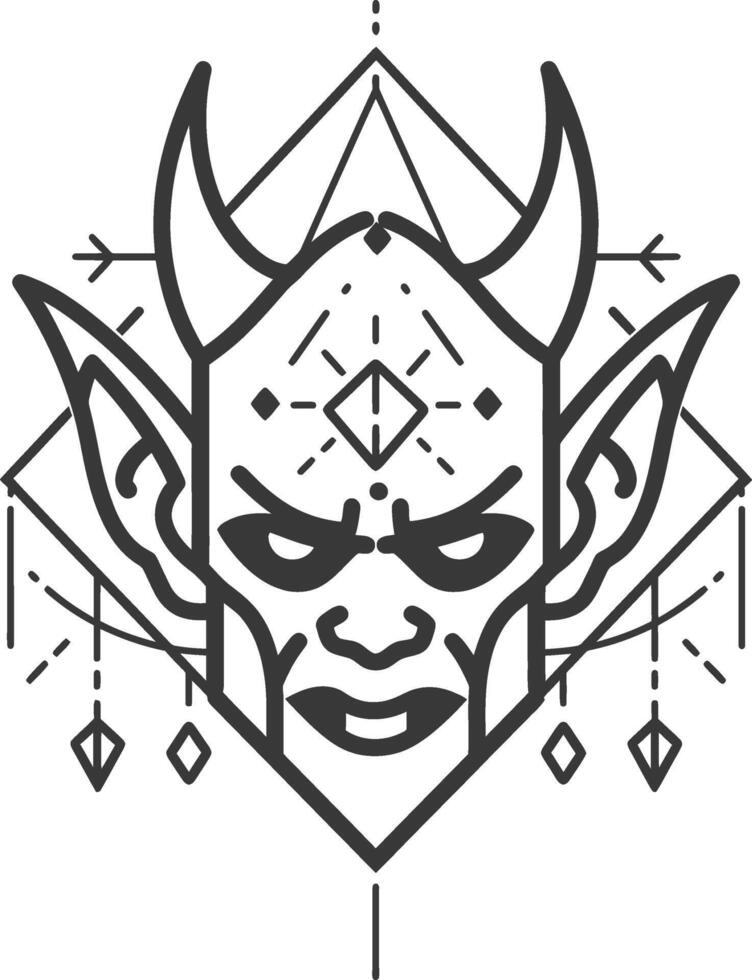 A black and white illustration of a demon head vector