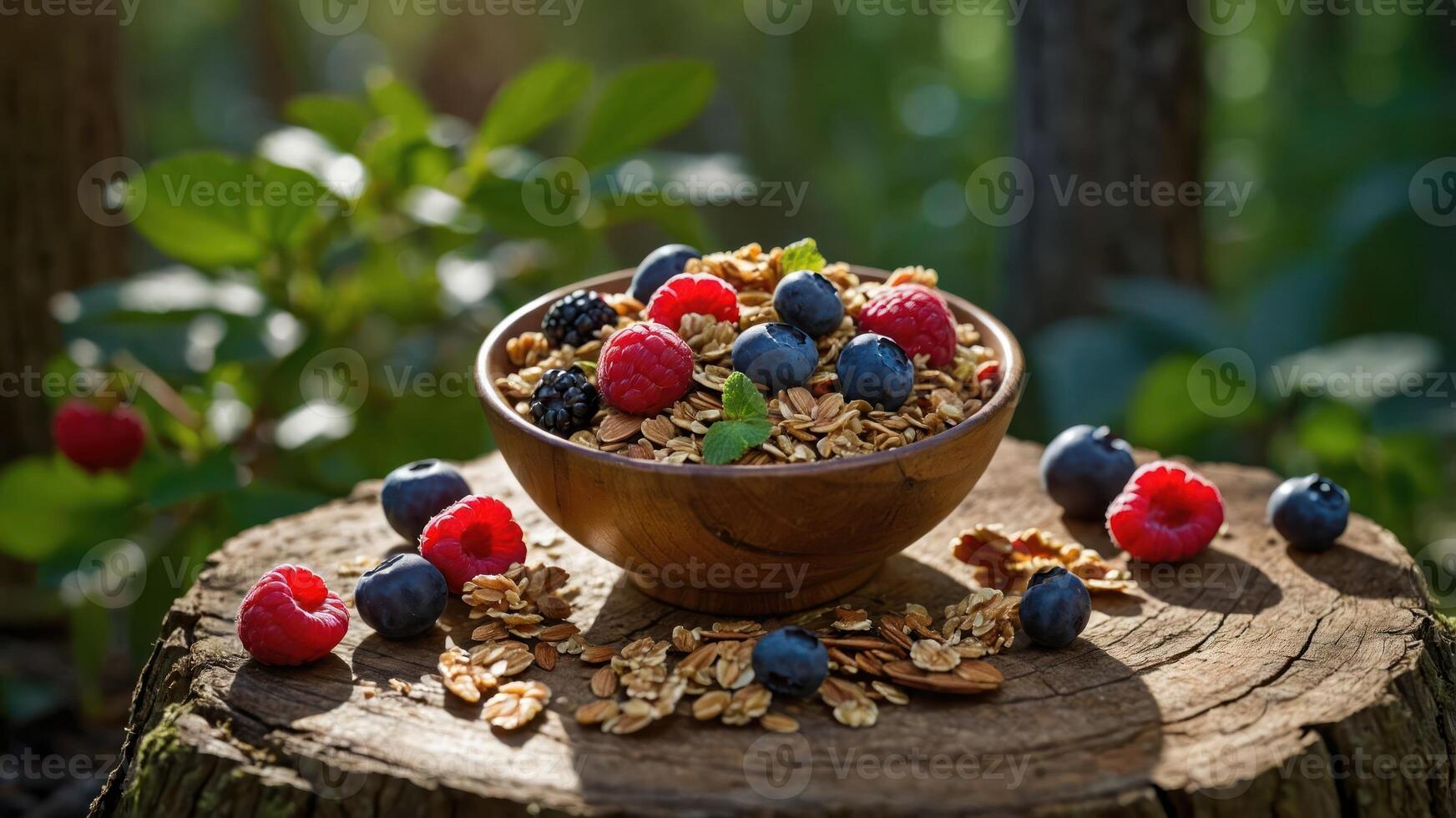 A wooden bowl filled with granola, berries, and nuts placed on a tree stump in a forest setting. photo