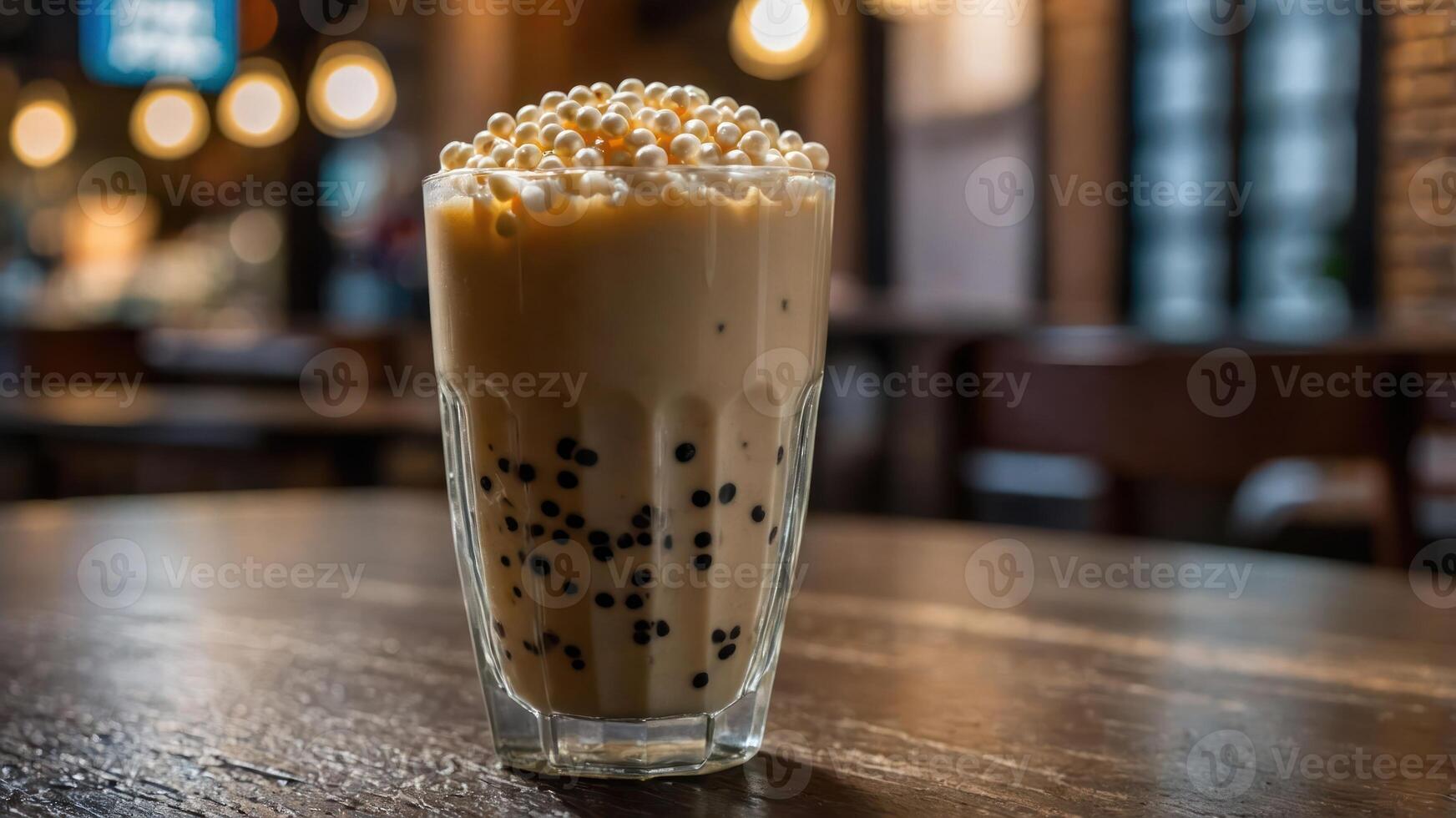 A glass of creamy bubble tea topped with tapioca pearls, set against a cozy cafe backdrop. photo