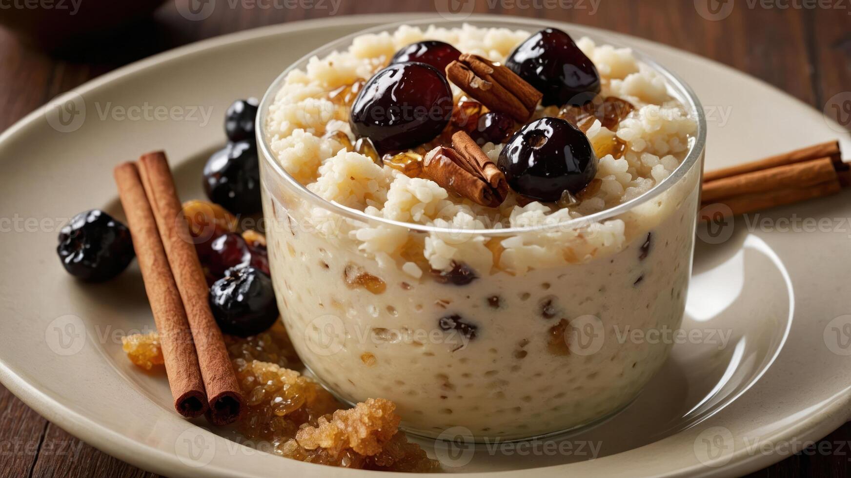 A bowl of creamy rice pudding topped with cherries, nuts, and cinnamon sticks. photo