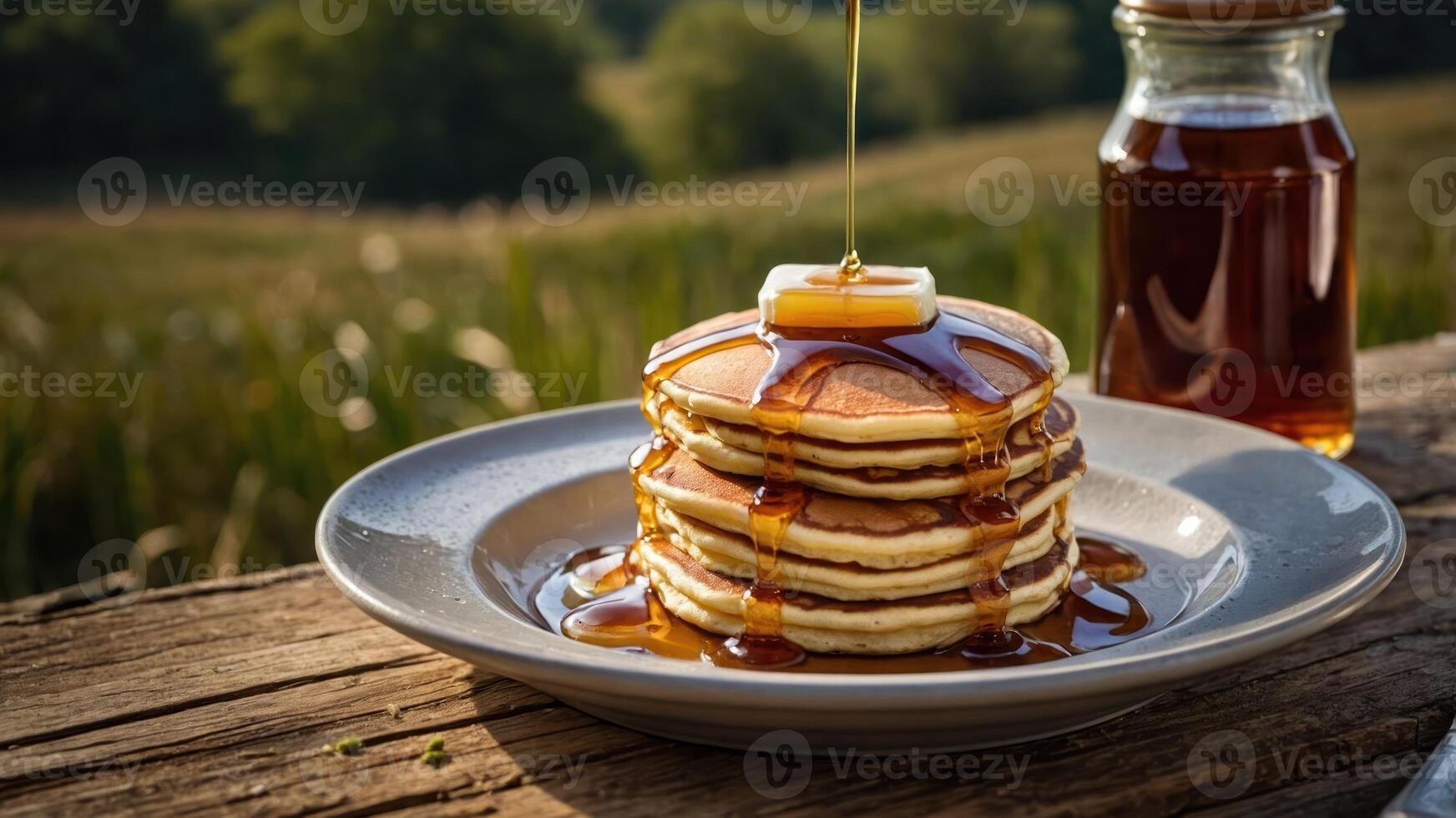 A stack of pancakes drizzled with syrup and topped with butter, set in a natural outdoor setting. photo
