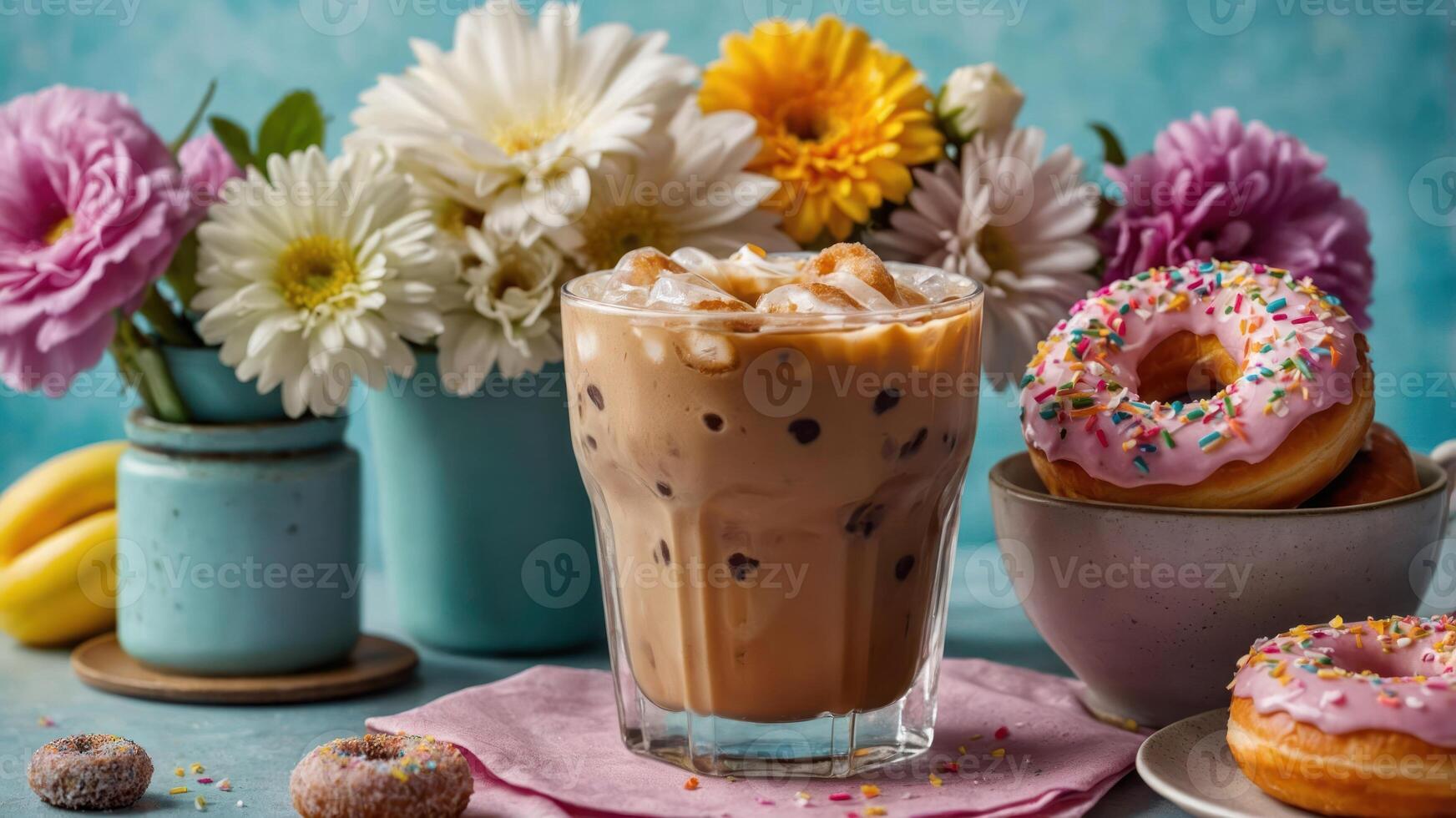 A refreshing iced coffee with donuts and flowers, creating a cheerful, inviting atmosphere. photo