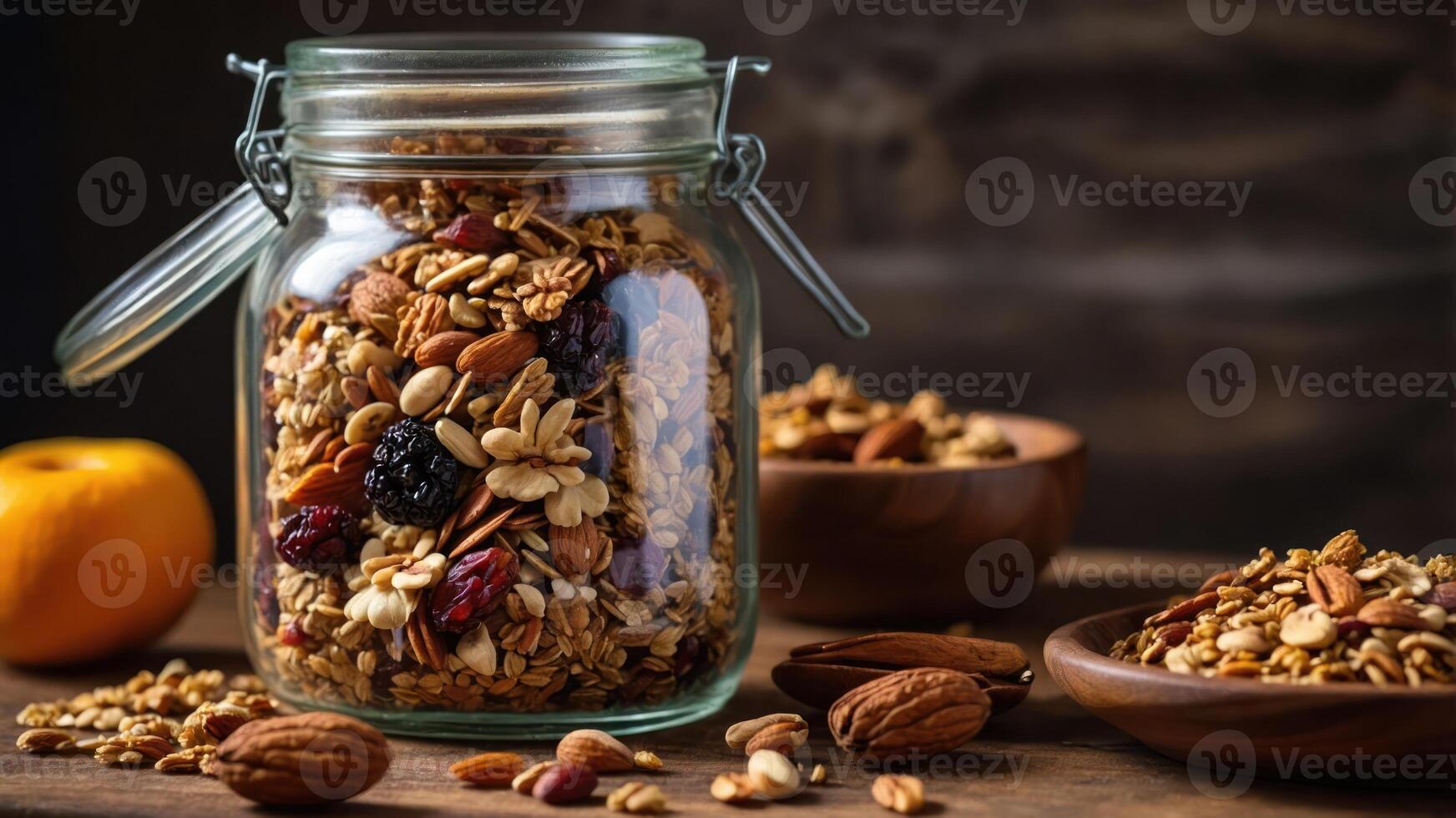 A jar filled with granola and nuts, surrounded by fruits and additional ingredients. photo