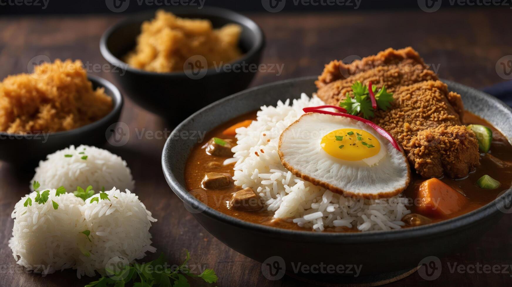 A delicious bowl of curry rice with fried chicken, egg, and side dishes. photo