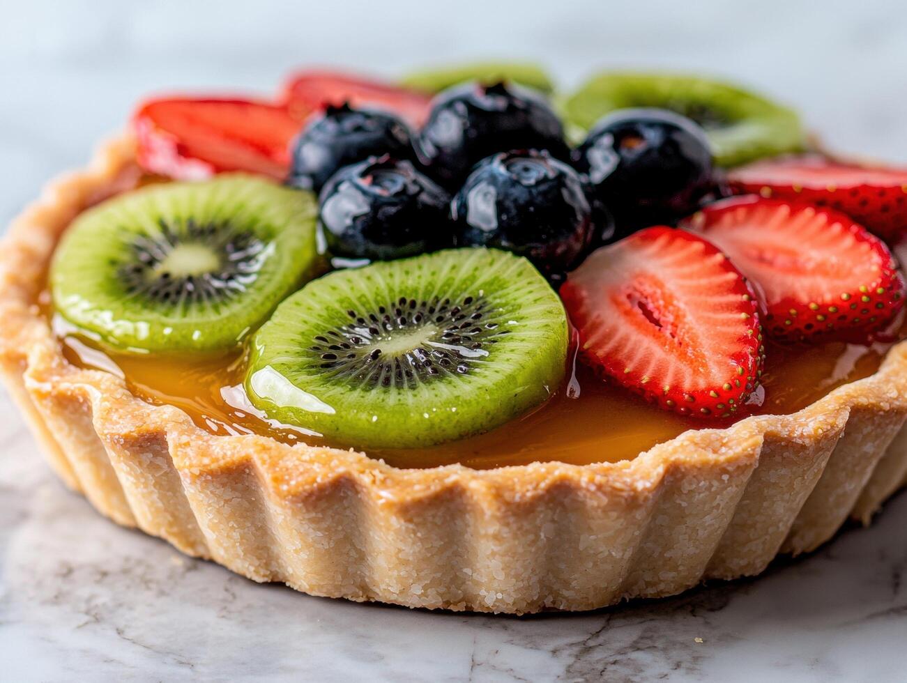 Delicious fruit tart with kiwi, strawberry, and blueberry photo
