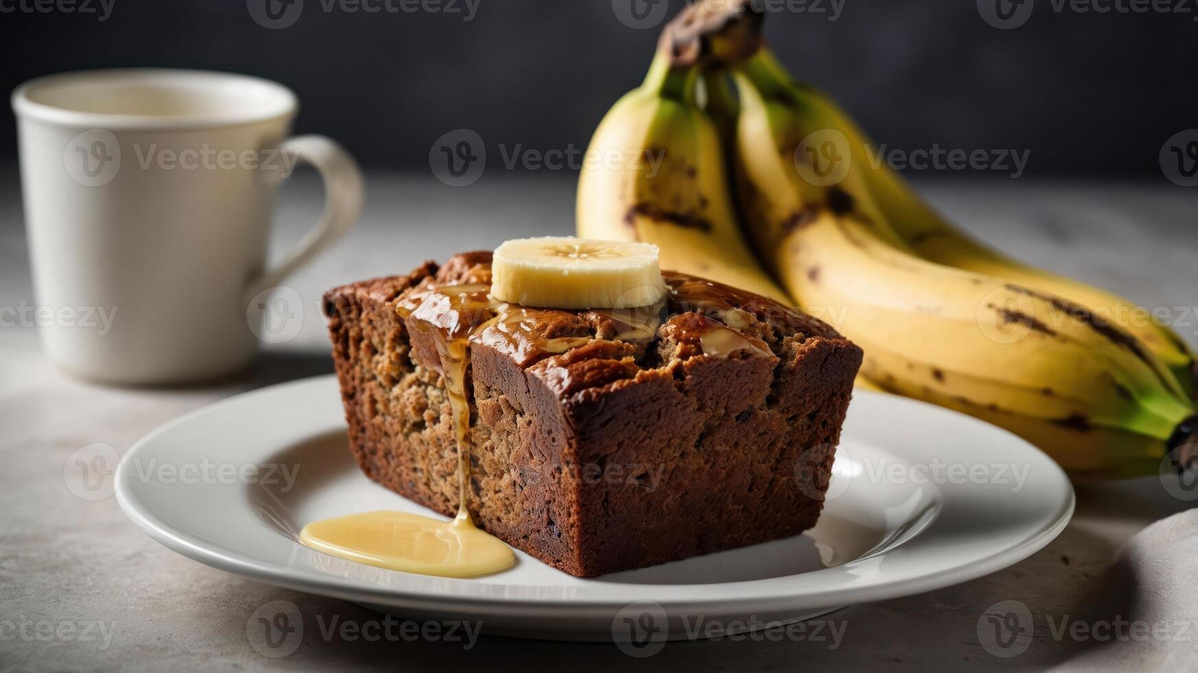 A slice of banana bread with a banana and a cup of coffee on a plate. photo