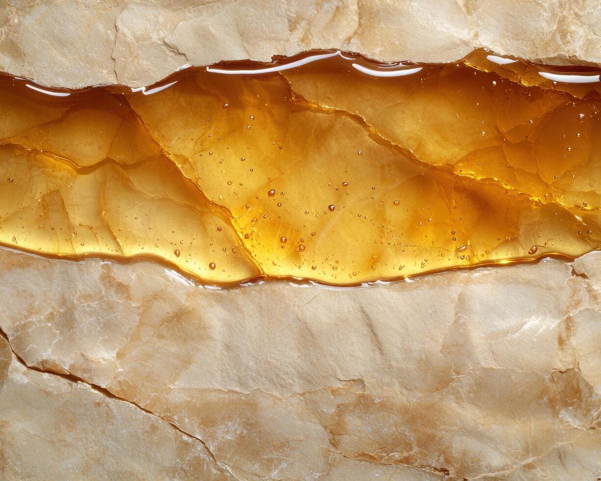 Detailed close up of golden amber honey dripping from a natural honeycomb photo