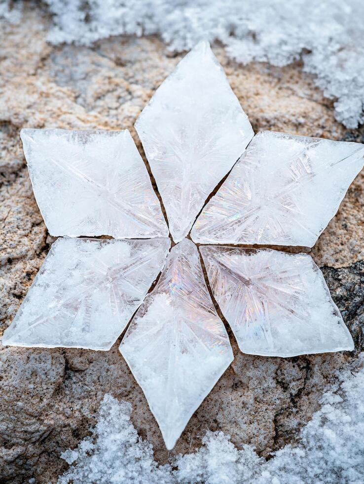 Intricate ice crystal formation on snowy ground photo