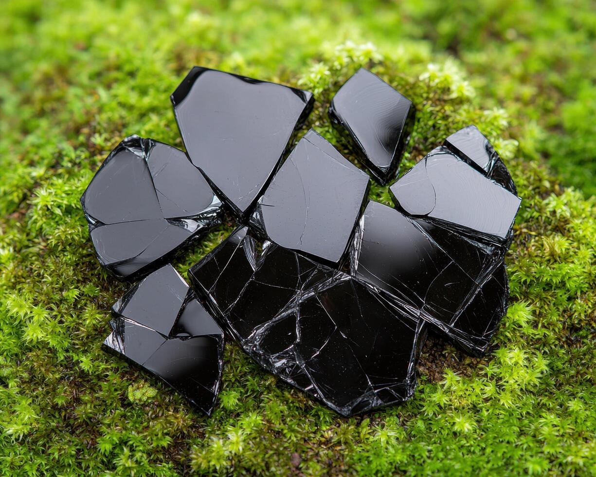 Shattered black glass on moss covered ground photo