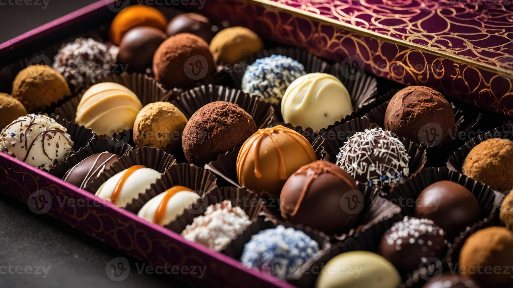 A beautifully arranged box of assorted chocolates showcasing various flavors and textures. photo